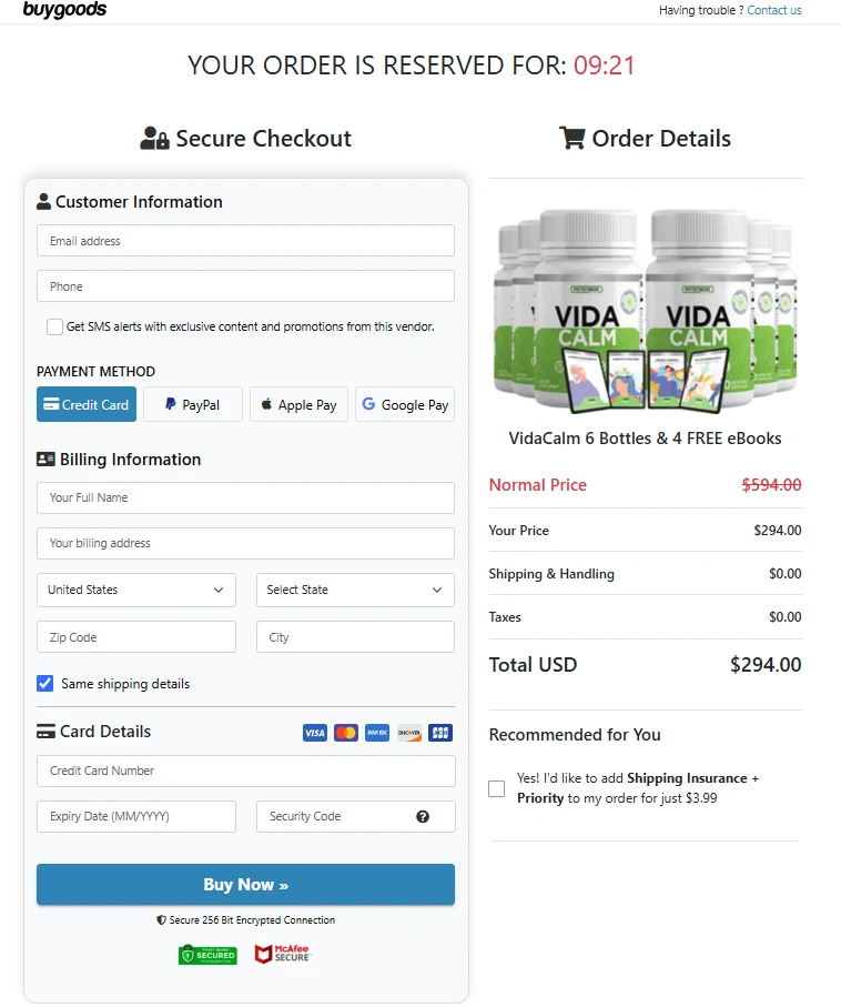 VidaCalm online checkout page showing order details and payment form