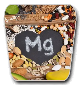 Magnesium symbol surrounded by nuts, seeds, and magnesium-rich foods