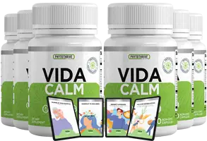 VidaCalm supplement bottle packages displayed with digital bonus guides