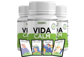 VidaCalm three-bottle supplement package with four digital bonus guides