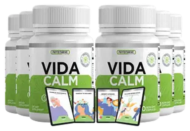 VidaCalm six-bottle supplement package with four digital bonus guides