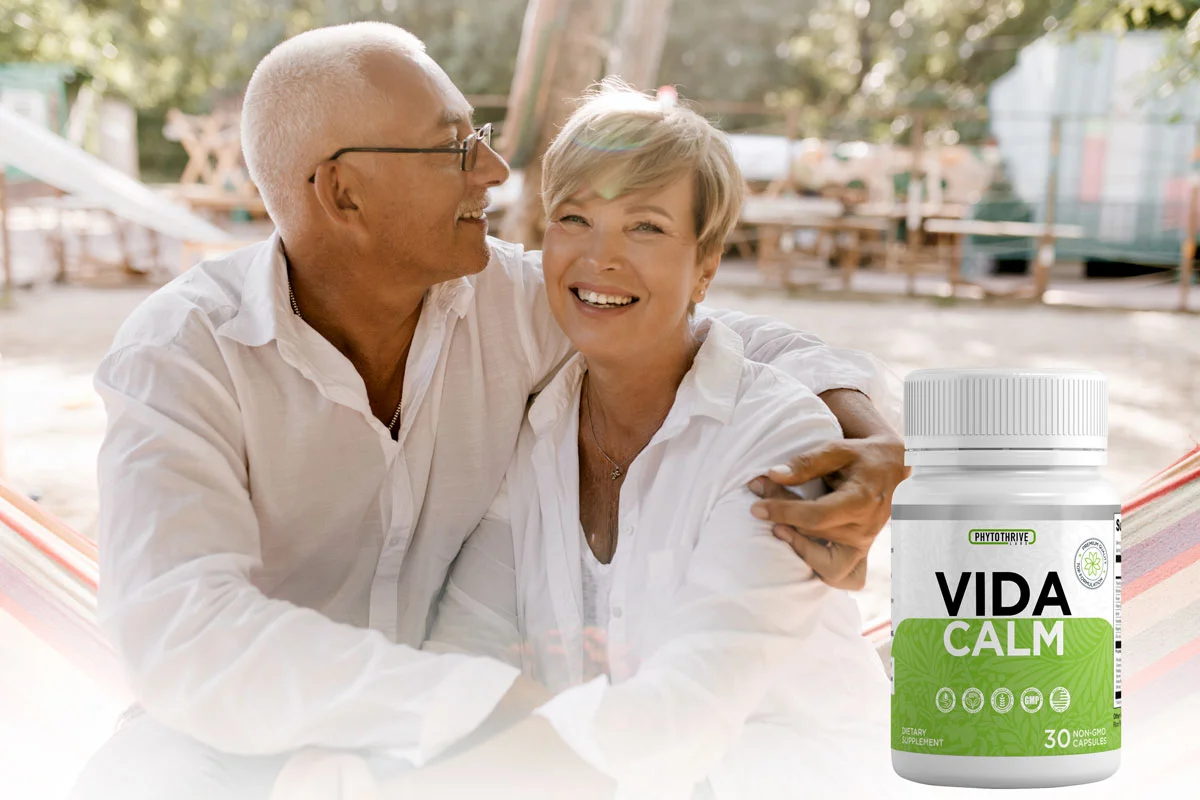 VidaCalm supplement bottle shown beside a smiling older couple embracing outdoors